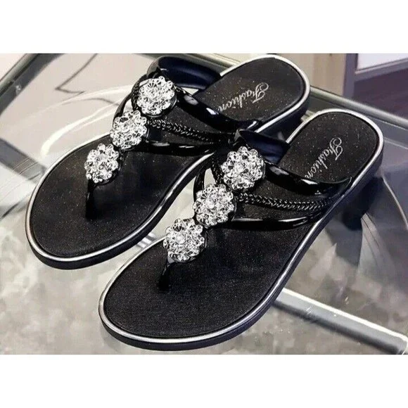 Women's (Bling!)-(Rhinestone)-(Flower)-(Flip Flops)-(Black)-(Size:9.5)-(New)-$30 - Picture 2 of 7
